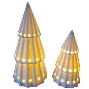 2 Ceramic Light-Up White Christmas Trees with Cutout Details 5" and 3.75"